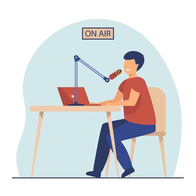 Radio host speaking microphone laptop air presenter blogger cartoon