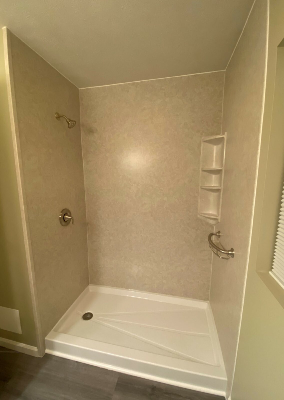 New Walk-in Shower With Patterned Wall Surround & Brushed Nickel Fixtures