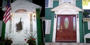 Beautiful entry door installation with decorative glass and security features